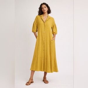 Margo Mustard Yellow Button Front Midi Dress Pockets Cotton Oversized XS